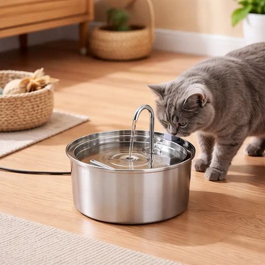 Plonique easy clean stainless steel cat water fountain on a clean floor